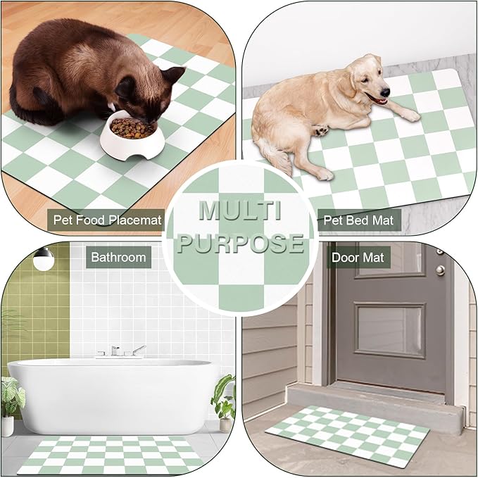 Checkered Dog Cat Feeding Mat, 17'' x 28'' Large Dog Food Mats, Absorbent Pet Feeding Mat for Food and Water Bowl, Dispenser, Checkerboard Pet Placemat with Rubber Backing, Green & White
