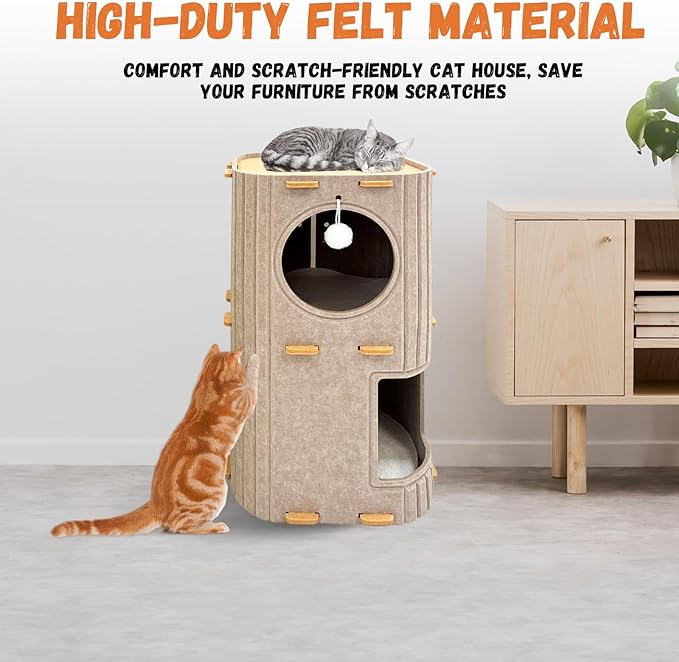 Homegroove Cat House for Indoor Cats, 2-Storey Cozy Felt Cat Bed Cave with Tunnel Hideaway, Large Multi-Cat Condo for Rest & Play (Camel, Large)