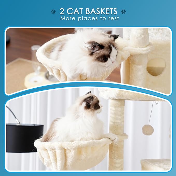 Hey-brother Cat Tree, 74 inches Multi-Level XL Large Cat Tower for Indoor Cats with Three Cat Condos, Two Large Top Decks and Cat Hairbrushfor Kittens, Cats and Pets, Beige MPJ035-MM