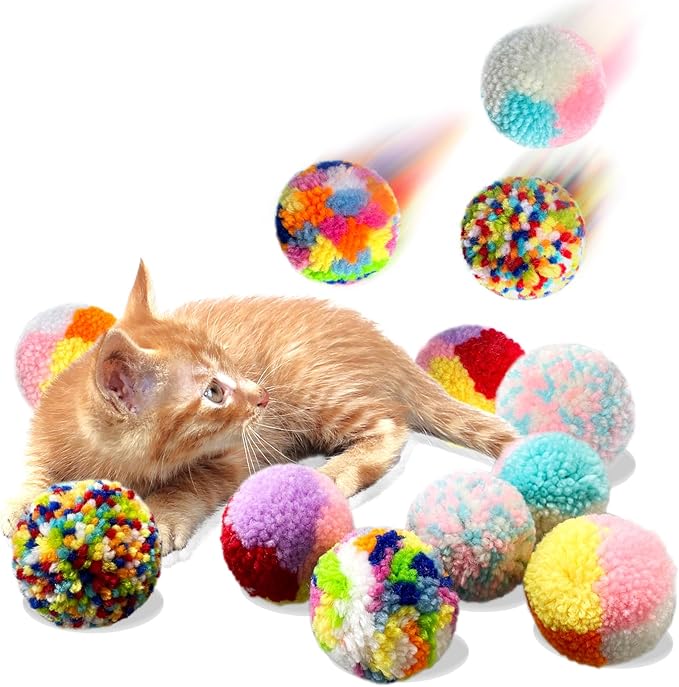 Assorted Color Cat Ball Toys, Woolen Yarn Puffs Pom Balls Interactive Kitten Chasing Toys Cat Chase Balls (12Pcs)