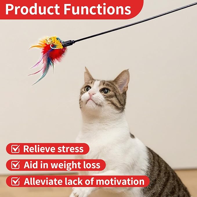 Cat Feather Toys, Cat Toy with Elastic Turkey Feathers, Interactive Teaser Wand with Bell, Durable Flexible Rod for Playful Kittens and Cats, Indoor Entertainment for Pets (2")