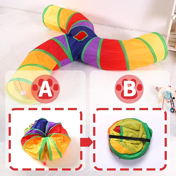 ‌Coolcandy Cat Tunnel & Interactive Cat Toy Indoor, Curved 3 Way Tunnel Toys for Indoor Cats, Collapsible Interactive Peekaboo Cave with Play Ball, for Multi-Way Play & Small Animals