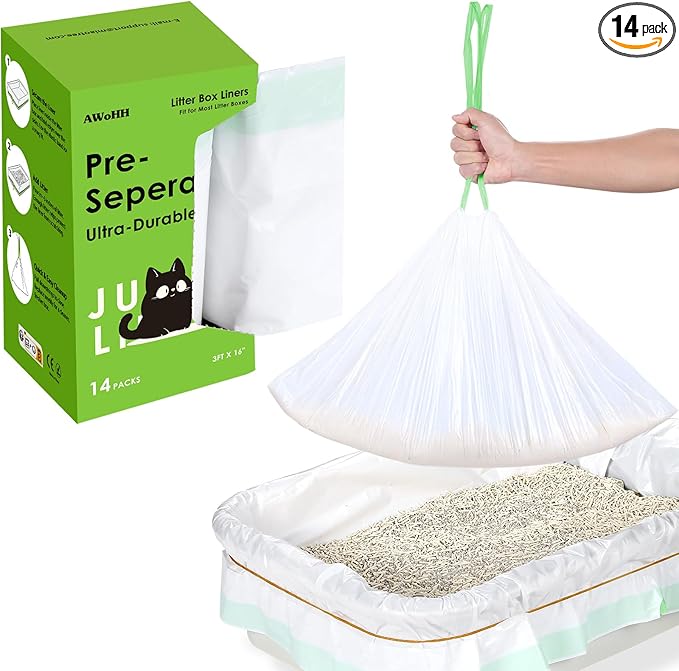 14 Count Cat Litter Box Liners, Drawstring Large/Jumbo Cat Litter Liner Bags For Litter Box, Kitty Litter Liner Heavy Duty Pre-Separated 36" x 16"