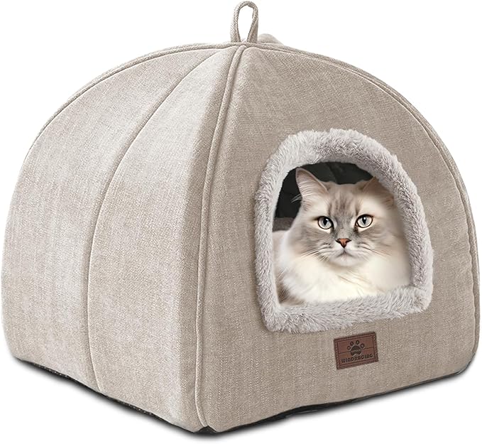 Cat Bed for Indoor Cats - Cat Cave Cat House Cats Tent with Removable Washable Cushioned Pillow, Soft and Self Kitten beds (Large, Beige)