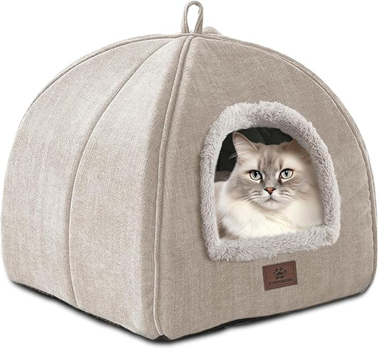 Cat Bed for Indoor Cats - Cat Cave Cat House Cats Tent with Removable Washable Cushioned Pillow, Soft and Self Kitten beds (Large, Beige)