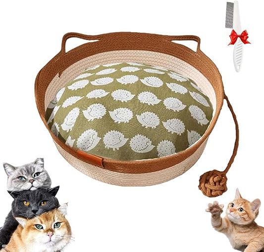 Stimulicat Cat Bed, Stimulicat Handwoven Cat Basket, Foldable Round Cotton Rope Cats Beds with Toy Tail and Built-in Scratching Pad, Scratch Resistance Easy to Clean (Brown+Cushion, Medium)