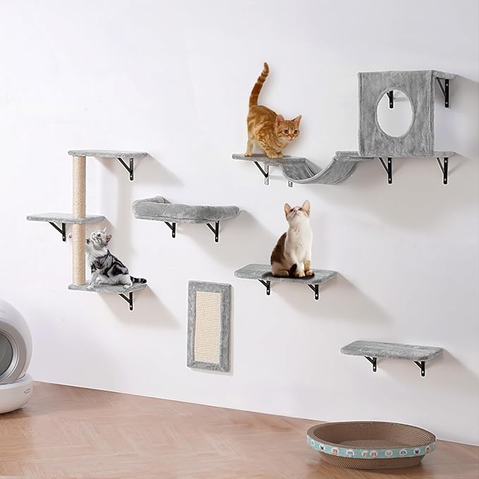 VEVOR Wall Mounted Cat Shelves, Perches with Jumping Boards, Hammock, Sofa, Cat Furniture and Shelves up to 40 lbs for Sleeping, Playing, Climbing, Set of 6