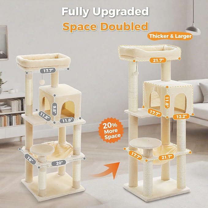 Large Cat Tree with Reinforced Scratching Posts (φ3.7in) for Big Adult Cats 30 lbs, 57.8" Heavy Duty Cat Tower with Larger Hammock and Condo, Cat Furniture for Maine Coon, Plush,Beige