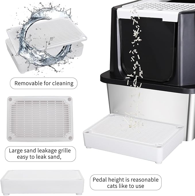 RIZZARI Stainless Steel Cat Litter Box, Odorless Enclosed Litter Box with Top Holes, Large Litter Pan for Small to Large Sized Cats (Deep Black, 23.8" L*15.9" W*18" H)