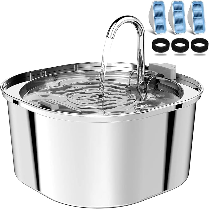Cat Water Fountain, 3.2L/108oz Stainless Steel Pet Water Fountain for Cats/Dogs Indoor, Dog Drinking Dispenser Metal Kitty Spout with 3 Replacement Filters