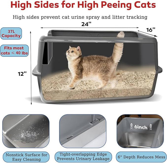 Stainless Steel Litter Box with Lid, 24" XL Extra Large High-Sided Metal Cat Litter Box for Multiple Cats,Anti-Leakage & Non-Stick, Easy to Clean, Includes 2 Scoops&Deodorizer Box, Gray