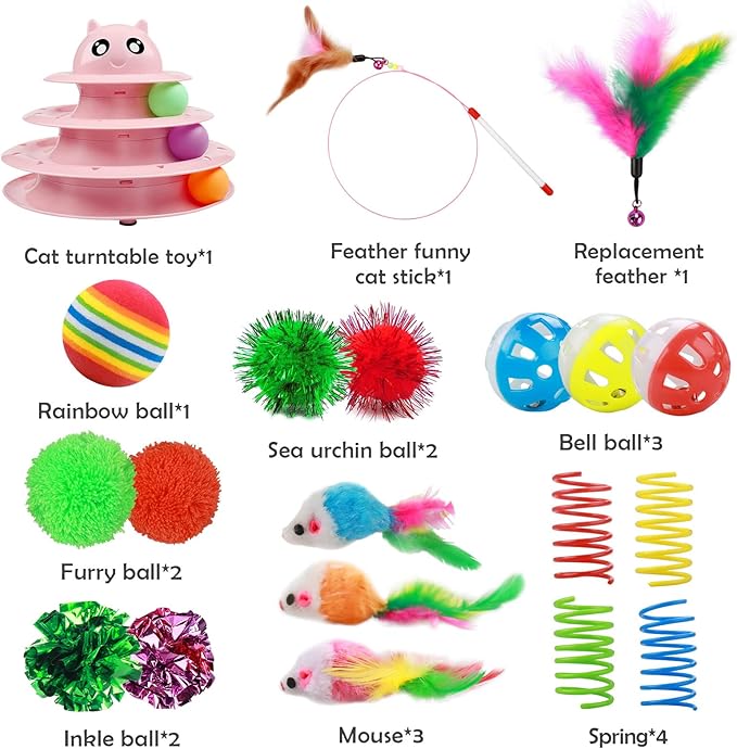 UPSKY 20 PCS Cat Roller 3-Level Turntable Set with Teaser, Mice, Spring and Balls Toys for Indoor Kittens