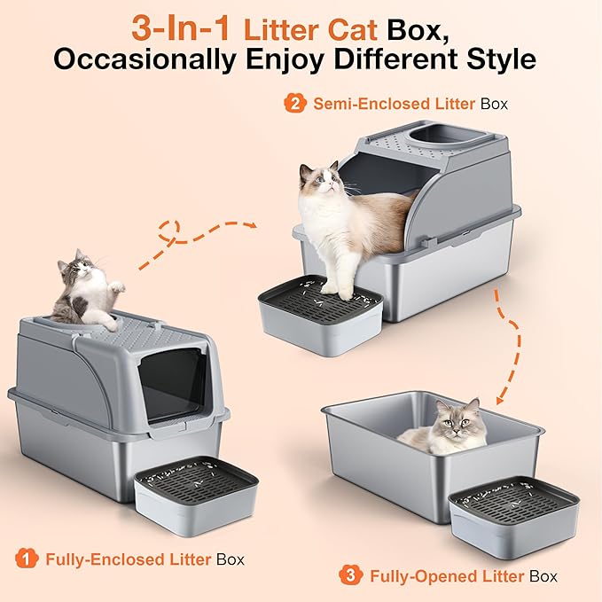 Stainless Steel Litter Box, XXL Large Metal Covered Litter Boxes, Dual Entrance Detachable Cat Litter Box with Lid, 16.6'' High Wall Urine Leak Prevention with Cat Litter Scoop (Gray)