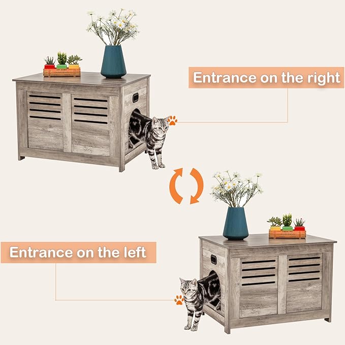 DINZI LVJ Litter Box Enclosure, Flip Top Litter Box Furniture, Good Ventilation, Hidden Cat Washroom, 27.6" L x 19.7" W x 19.7" H, Entrance Can Be on Left/Right, Wooden Cat House, Greige