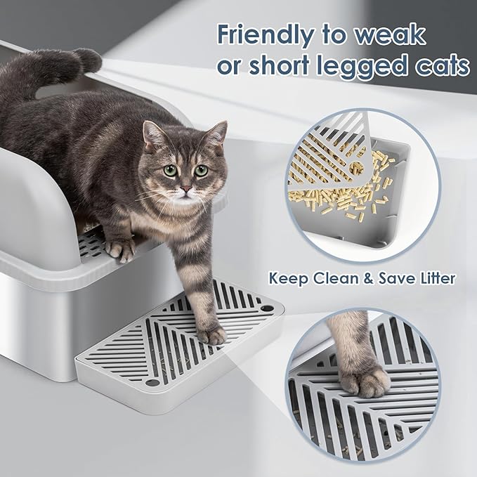 8" Deep Stainless Steel Cat Litter Tray with Lid Extra Large Litter Box for Big Cats XL Metal Litter Box Pan with High Wall Sides Enclosure, Non-Sticky, Anti-Leakage, Easy Cleaning