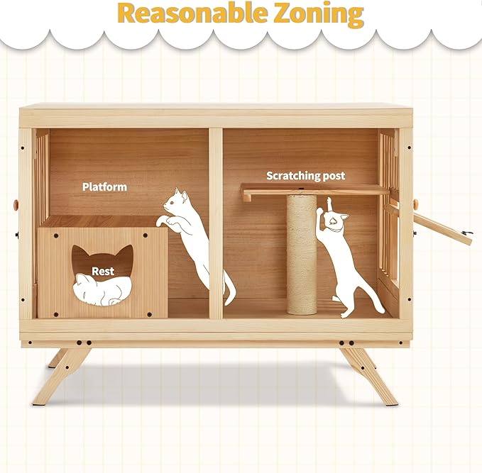 Lovupet Wooden Cat House Villa, TV Shape Luxury Cat Condo with Scratching Post and Escape Door, Kitten Cage Indoor CT55