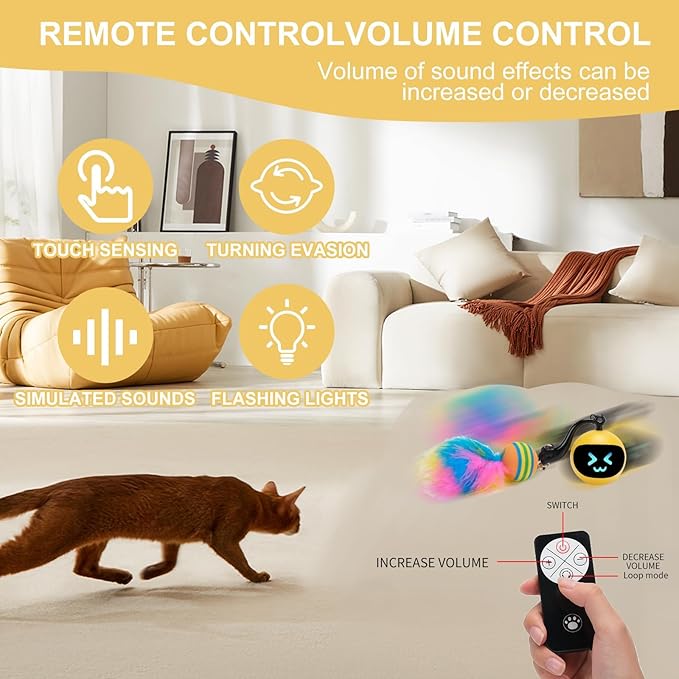 Electric Interactive Cat Feather Toy Ball for Indoor Cats,Turbo Tail Mouse Chase with LED Remote Control Cat Toy,Electric Automatic Moving Ball, Motion Activate Chirping Bird Sound Yellow