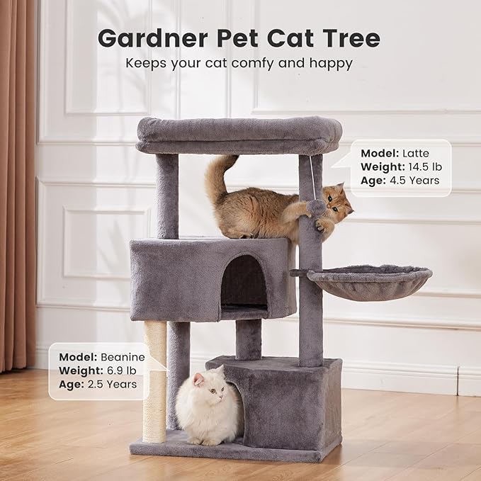 Gardner Pet 41" Tall Cat Tree for Medium-Large Cats, Heavy Duty Cat Tower with 2.8in Posts & Washable Top Perches, Space-Saving Cat Furniture for Apartments, Easy to Assembly