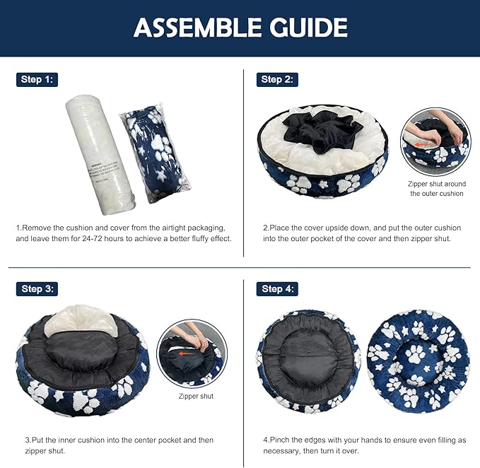 Donut Dog Beds for Small Dogs, Calming Round Cat Beds for Indoor Cats, Cute 3D Textured Paw Pet Bed with Removable Washable Cover and Anti-Slip Bottom（Navy Blue，23"）