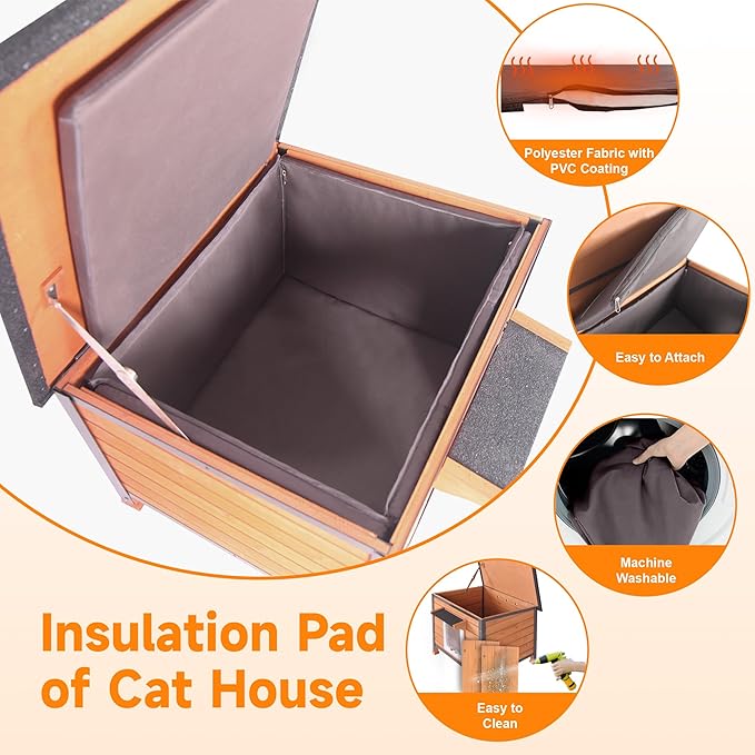 Insulated Cat House Outdoor, Wooden Feral Cat Shelter Weatherproof with Thickened Insulated Liner Keep Warm in Winter for Intdoor Cats, Dogs