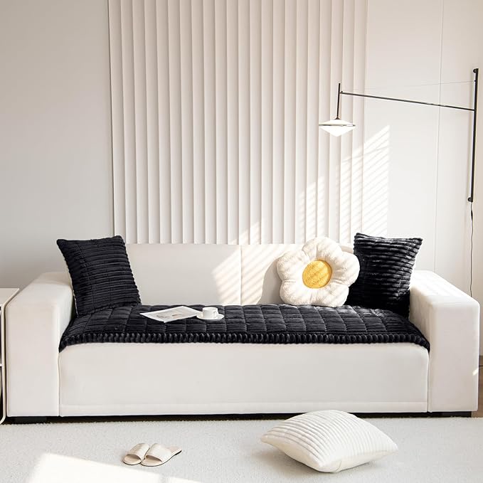 Faux Fur Plush Dog Couch Cover 3D Stripe Fuzzy Sofa Cover Non-Slip Fluffy Dog Bed Cover Pet Blanket Sofa Couch Furniture Protector for Puppy Large Dog Cat (Black,31"x47")