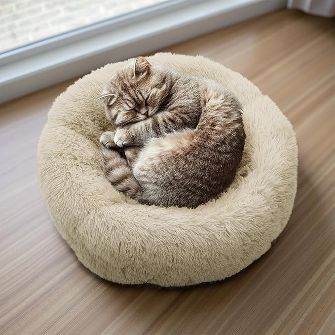 Athena Collection Washable Small Dog Bed, Cat Bed for Indoor Cats, 24 Inches Fluffy Faux Fur Round Pet Bed Calming Cozy Soft Warming Donut for Small Dog Puppy Kitten, Beige