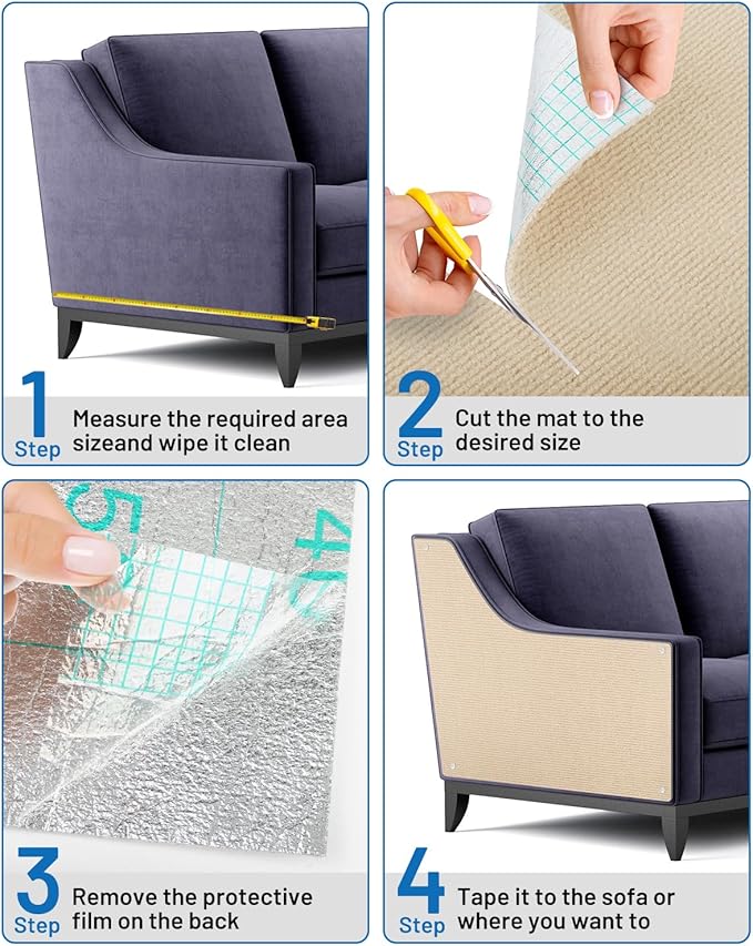 Cat Scratch Couch Furniture Protector, 78.7" x 15.8" Self-Adhesive Cat Scratch Mats, Trimmable DIY Cat Scratcher Pads for Wall, Couch Corner, Cat Tower and Replacement Pads (Khaki)