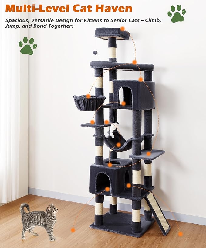 AMHANCIBLE Large Cat Tree, 83 Inch Multi-Level Tall Tower for Indoor Adult Cats, with Scratching Post and Board, Hammock, Condos, Hanging Basket, Activity Center to Play and Sleep, Dark Grey, PT21DG