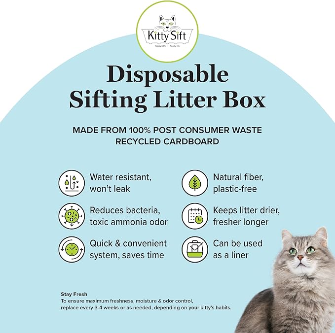 Kitty Sift (Set of 1 Litter Box & 5 Sifting Liners) Sustainable, Clean, Sifting, Disposable Cat Litter Box Kit - Jumbo, 6-Set Kit