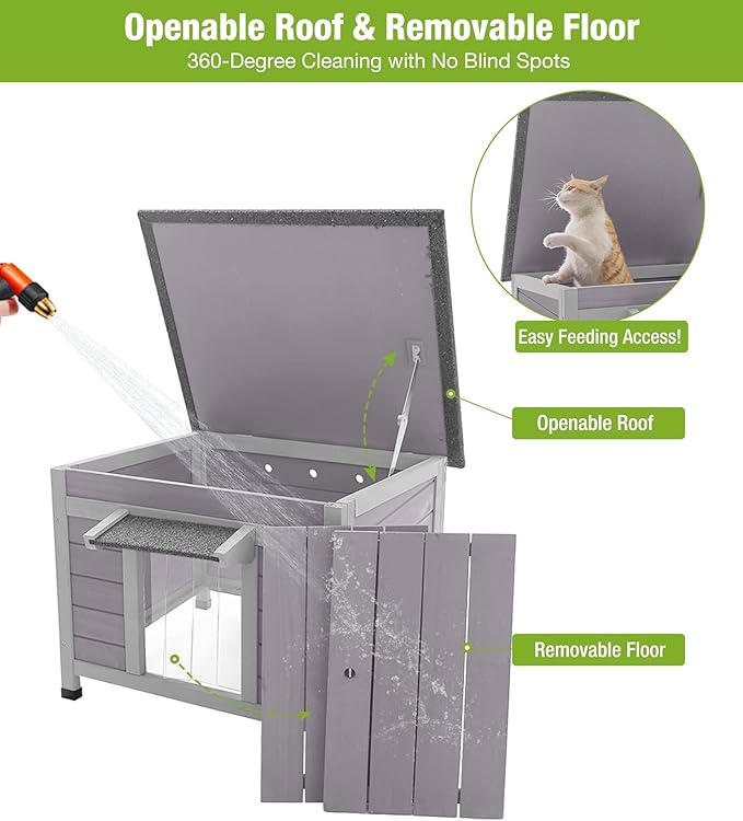 Outdoor Cat House Weatherproof, Feral Cat Shelter with Asphalt Openable Roof, PVC Curtain & Elevated Base for Rain Resistance and Easy Cleaning