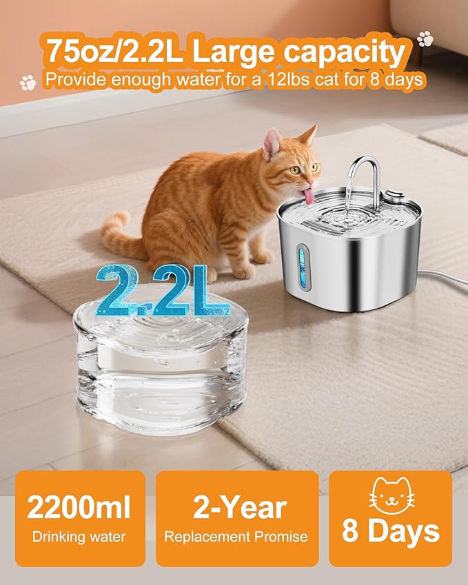 Cat Water Fountain Stainless Steel: 2.2L Pet Fountains for Cats Indoor Automatic Cat Fountain for Drinking Small Animal Water Bowl Dispenser Quiet Kitty Watering Supplies -for Small/Medium Cats & Dogs