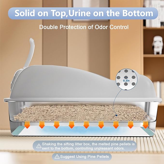 Stainless Steel Sifting Cat Litter Box with Lid,XL Metal Sifting Litter Box for Pine Pellets,High Sides Metal Litter Box System for Big Cats,Anti-Leakage,Easy Clean