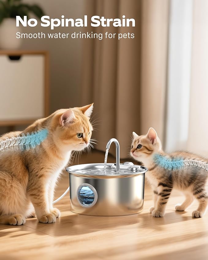Stainless Steel Cat Water Fountain: Cat Fountain for Drinking - 88oz/2.6L Pet Water Fountain for Cats Inside- Silent Cats Water Bowl Dispenser - Kitty Drinking Fountains - 6 Filters + 3 Sponges