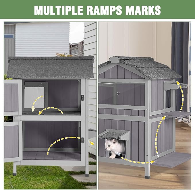 Outdoor Cat House with Two-Story, Feral Cat House with Escape Door and Two Large Side Door, Kitty Shelter with Weatherproof Roof