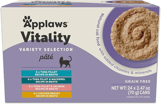 Applaws Vitality Wet Cat Food Paté, Natural Canned Cat Food, Wet Food for Cats with Added Vitamins and Minerals, Grain Free, Carrageenan Free, Variety Selection Paté (24 Count, 2.47 oz Cans)