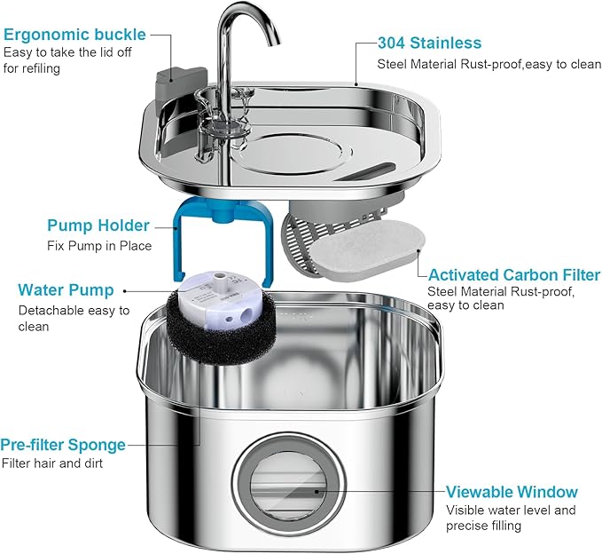 Cat Water Fountain Stainless Steel: 108oz/3.2L Automatic Pet Water Fountain - Dog Water Dispenser with Water Level Window - for Cats Inside with 4 Replacement Filters and 4 Sponges