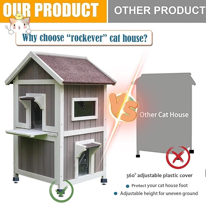 Rockever Outdoor Cat House, 2 Story Outdoor Houses for Feral Cats Wooden Outside Cat Shelter Weatherproof with Escape Door