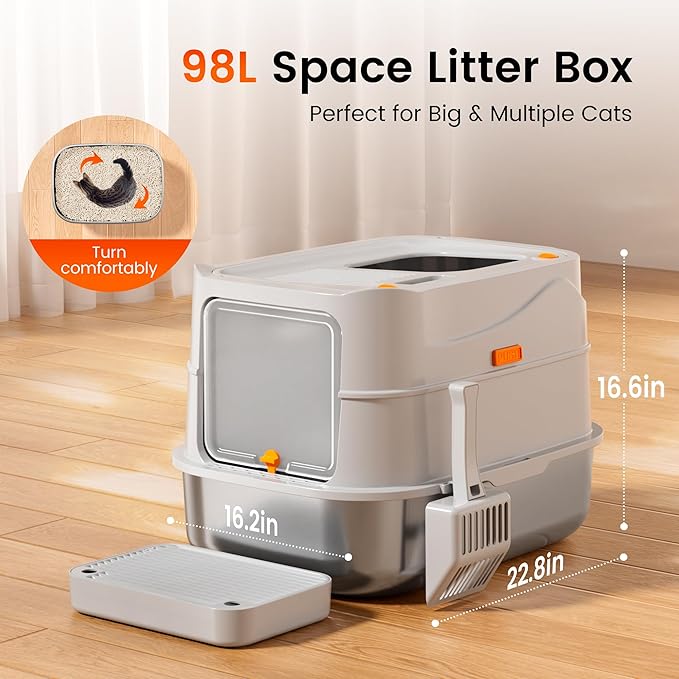 Extra-Large Stainless Steel Cat Litter Box with Lid, Dual Entry Design (Front & Top), Leak-Proof & Odor-Free, Easy to Clean Metal Kitty Litter Pan with Scoop & Filter Pedal