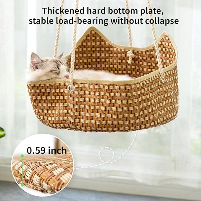 Breathable Pet Cage Hammock with Metal Hooks, Rattan and Bamboo Woven Cat Hammock for Kittens, Rabbits, Small Dogs, Cat Hanging Bed for Cage (Brown)