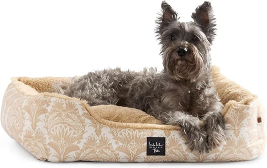 Nicole Miller New York PET Mod Damask Plushy Bolster Pet Bed, Cozy & Calming, Non-Slip Bottom, Machine Washable Cover, Taupe, Large 35"x28"x8"