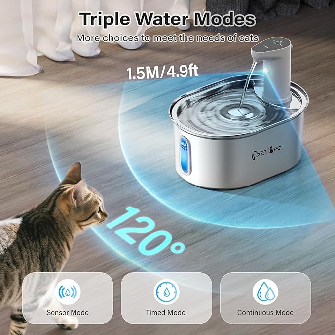 Wireless Cat Water Fountain Stainless Steel, 108oz/3.2L Cat Fountain Battery Operated, Cordless Water Fountains for Cats Indoor Drinking with Motion Sensor，Pet Water Dispenser with 3Filters + 3Sponge