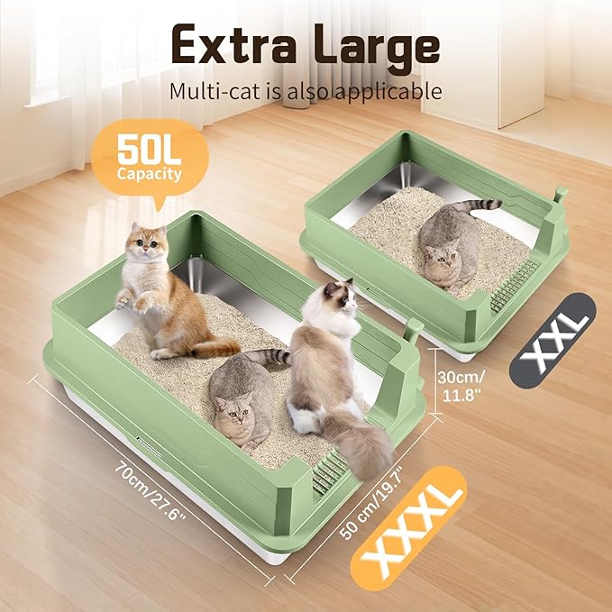 Stainless Steel Litter Box, XXXL 27.6" H x 19.7" W x 11.8" H Extra Large Metal High Sided Cat Litter Box with Scoop, Leak-Proof, Easy Clean for Big Cats/Multiple Cats (Green)