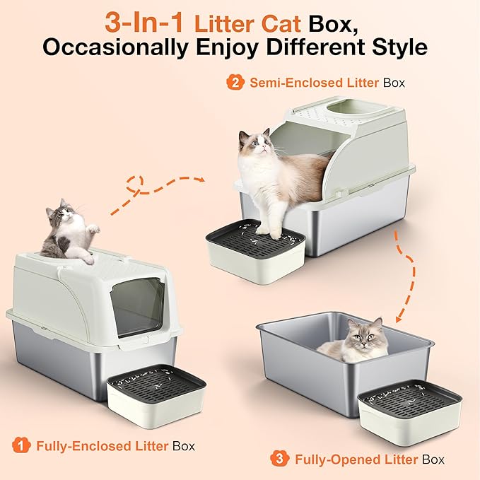 Stainless Steel Litter Box, XXL Large Metal Covered Litter Boxes, Dual Entrance Detachable Cat Litter Box with Lid, 16.6'' High Wall Urine Leak Prevention with Cat Litter Scoop (White)