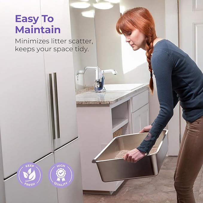 iPrimio Stainless Steel Litter Box - No Stick Litter Pan for Cats - XL Cat Box with Teflon Coating - Never Absorbs Odor or Rust - Ergonomic, Easy to Clean, Durable, Nonstick, Spacious Pans