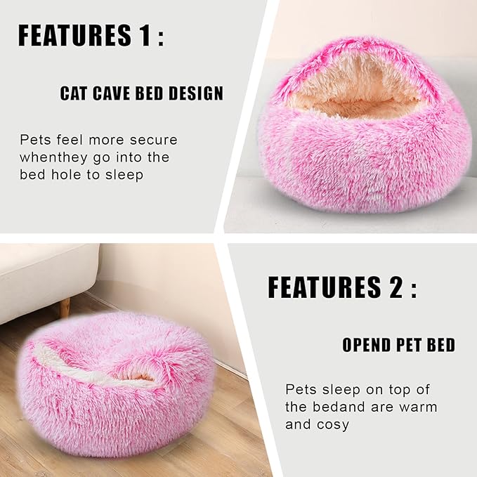 Cat Beds for Indoor Cats,Cat Cave for Puppy and Kitty,Calming Small Dog Bed for Small Dogs with Cover Cave,Cozy Warming Fluffy Washable Anti-Slip Pet Sleeping Bag (20 * 20inch,Pink)