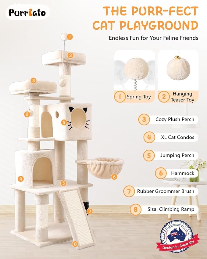 66in Multi-Level Large Cat Tree Tower for Indoor Cat/Kitties, Mordern Cat Tower with Sisal Scratching Posts, Condos and Hammock, Perches, Ramp for Climbing Heavy Duty