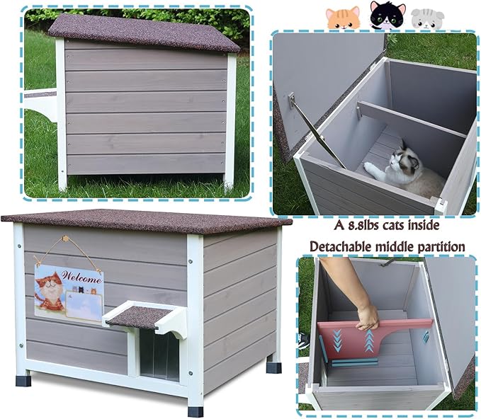 Rockever Outdoor Cat House, 100% Insulated Cat House for Outdoor Cats Weatherproof Feral cat House for All-Round Foam Layers Filling (Grey, L)