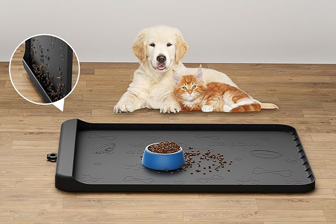 Dog Food Mat - Silicone Dog Mat for Food and Water - 28" x 20" Pet Feeding Mats with Residue Collection Pocket - Waterproof Dog Cat Bowl Mat with High Edges to Prevent Water Food Spills (Black)