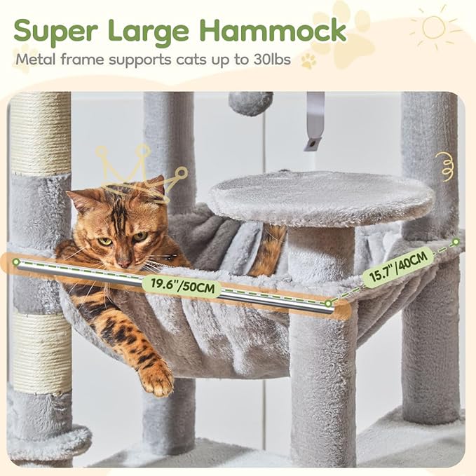 Taoqimiao 72 Inches Cat Tree for Large Cats, Multi-Level Tall Cat Tower, Widened Cat Condo with Large Scratch Board, 5 Scratching Posts, Metal Hammcock, Cozy Basket, Light Gray, MS045W