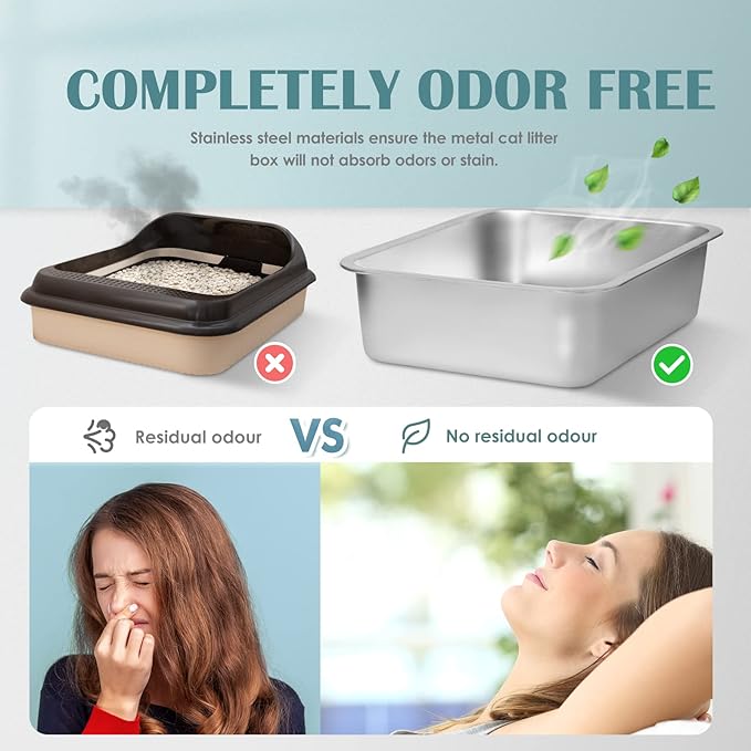 IKITCHEN Stainless Steel Cat Litter Box, Large Metal Litter Box for Cats, Never Absorbs Odors,Stain Free, Rustproof, Non Stick Smooth Surface, Anti-Slip Rubber Bottom, 23.5" L x 15.5" W x 4" H